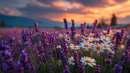 Fototapeta premium Vibrant field of purple lavender and white daisies under a beautiful sunset sky with distant mountains.