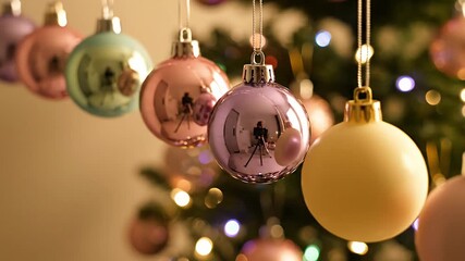 Elegant pastel Christmas ornaments hanging on a festive tree with sparkling bokeh lights Close up view of colorful holiday baubles perfect for seasonal celebration - Powered by Adobe