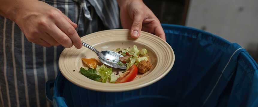 Conserve resources and reduce waste! Person throws plate of food scraps into the bin, showcasing sustainable living and responsible consumption for a healthier planet. - Powered by Adobe