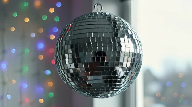 Close Up of a Sparkling Disco Ball with Vibrant Bokeh Lights in the Background Ideal for Party Club and Celebration Footage Festive Ambience