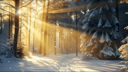 Enchanted winter forest during solstice, sunbeams piercing through snow-laden pine branches, sparkling ice crystals in air, untouched snow on forest floor, magical atmosphere, golden hour lighting - Powered by Adobe
