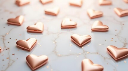 Obraz premium Valentine and Love Theme Backgrounds, Elegant rose gold hearts scattered on marble surface