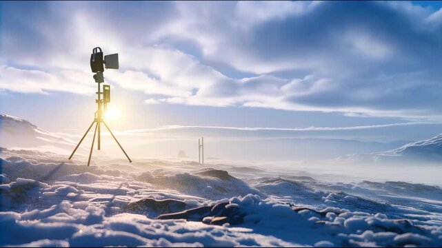 Winter solstice solar radiation study, scientific equipment measuring sun angle and intensity, modern meteorological station in snowy landscape, precise instruments, data collection scene