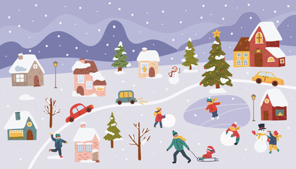 Urban winter landscape. Children playing snowballs, building a snowman. People, houses under snow, Christmas trees. Vector illustration.
