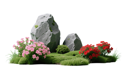 Rocky Formation with Pink and Red Flowers on Green Grass