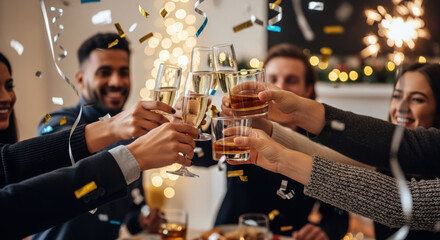 Hogmanay celebration with friends raising glasses in a toast, smiling and festive. Hogmanay celebration includes confetti, warm lights, and happy toasts, enhancing celebratory mood.