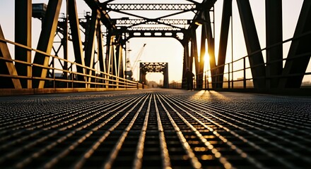 Dramatic perspective of a metal bridge at sunset with sun shining through.