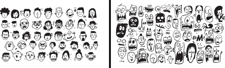 human face expressions set, people emotions vector, cartoon faces illustration, hand drawn portrait artwork, facial emotions clipart, character expression design, face outline drawing, people reaction