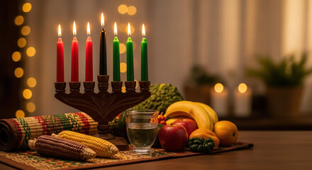 Celebrating Kwanzaa with colorful candles and harvest. This Kwanzaa setup features kinara, fruits, and unity cup on table. Kwanzaa celebration creates heartwarming atmosphere for family gatherings.