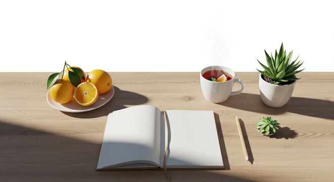 Sunlit wooden desk with a blank notebook, coffee, and fresh oranges. - Powered by Adobe