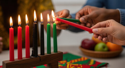 Observing Kwanzaa celebration with kinara and traditional candles, family members share moment of unity. Lighting candles is part of Kwanzaa tradition, marking principles of African heritage.