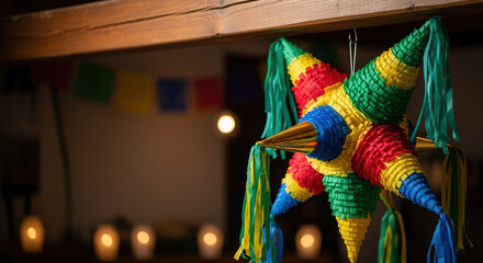 Las Posadas celebration with star shaped piñata for traditional Mexican Christmas festivities.