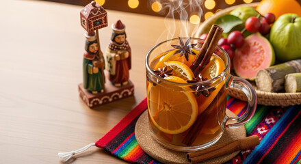 Celebrating Las Posadas with a traditional hot punch beverage, showcasing festive flavors and vibrant traditions. Las Posadas celebrations bring warmth with its beverage including cinnamon sticks,