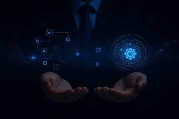 Abstract digital composition showing glowing technology icons and a futuristic interface with blue neon highlights and network connections.