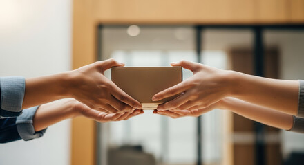 Giving Tuesday concept with hands exchanging small package as sign of generosity. Hands receive package in Giving Tuesday spirit, showcasing help and support.