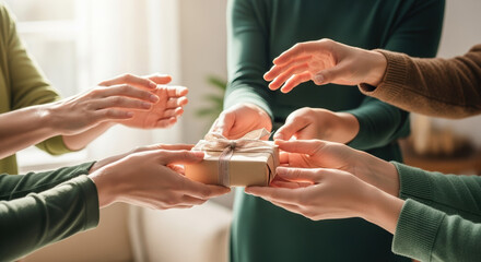 Giving Tuesday celebration featuring gift exchange among friends. Generous sharing of presents emphasizes community spirit during Giving Tuesday, fostering connection and goodwill.