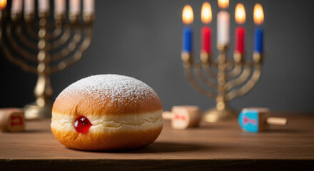 Celebrating Hanukkah with a sufganiyot and dreidels on wooden surface, Hanukkah is an eight day Jewish holiday commemorating rededication of Second Temple in Jerusalem.