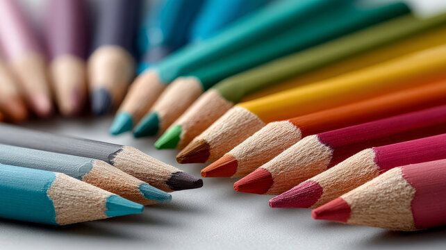 Close-up of assorted colored pencils in a circular arrangement.
