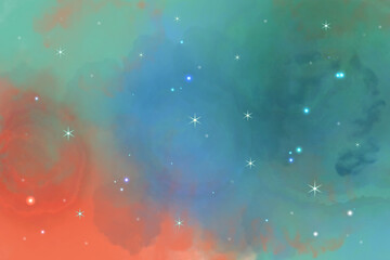 Abstract watercolor nebula background with glowing stars