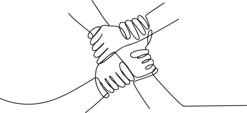 People unite their hands together continuous line drawing isolated. one line Icon drawing with white background