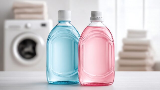 Laundry detergent bottles in a bright, clean laundry room setting
