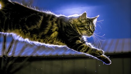 A hyper-realistic 8K shot of a cat soaring in perfect projectile motion, detailed fur, dynamic arc, cinematic lighting, crisp motion clarity.

