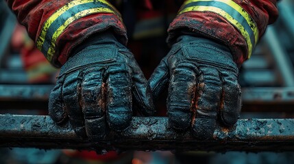 Close up of firefighter's gloved hands gripping a metal bar after battling a blaze showing the grit and determination of first responders