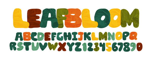 Vector alphabet font typography in bold, rounded type. Funky modern design with organic texture, colorful letters. Chubby, bubbly shape create a cheerful mood. Isolated flat style. Apparel, branding