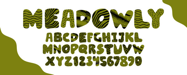 Vector alphabet font typography in bold, round type. Funky modern design, organic texture, rough doodle fill. Childish, groovy cartoon set,  poster. Thick plump letter with lively, abstract decoration
