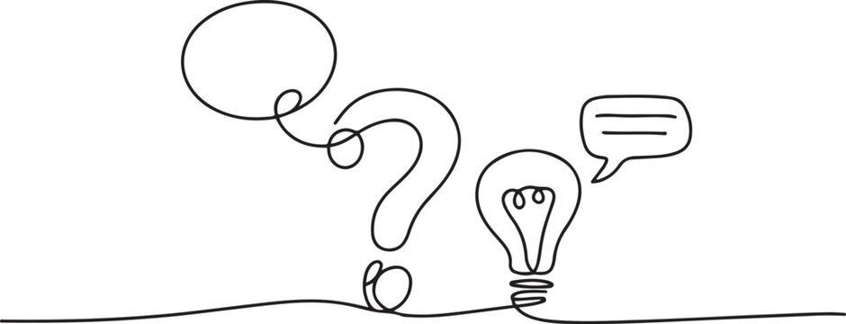 Hand drawn one line vector. Quick tips. Continuous one line drawing of question mark, light bulb and speech bubbles. one line Icon drawing with white background
