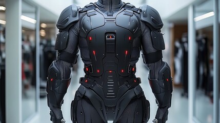Futuristic soldier in advanced tactical armor stands ready for action in a modern sterile environment showcasing cuttingedge technology