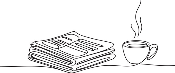 Continuous one line drawing of a stack of news newspapers with cup of coffee. one line Icon drawing with white background