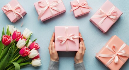 Hands holding a pink gift box surrounded by more presents and a bouquet of tulips on a blue background.