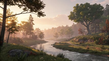 Serene natural scene featuring a gentle river winding through a lush forest at sunrise, with warm light and soft morning mist.