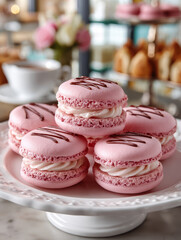 Fototapeta premium Pink macarons with cream filling on a white plate in a cafe setting.