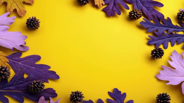Vibrant autumn leaves and pinecones frame a bright yellow background, evoking seasonal change and natural beauty., 4k high quality footage