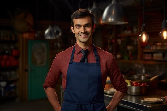 Confident chef smiling while posing in professional kitchen wearing apron and tie - Powered by Adobe