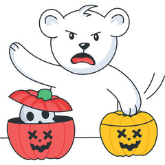 Angry White Bear Character Decorating Pumpkins for Halloween with Spooky Faces and Skull Inside One Pumpkin with Transparent Background