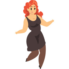 Curvy Woman With Red Curly Hair Wearing A Dark Brown Dress And Stockings Dancing Joyfully With A Transparent Background