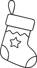 Hand-drawn doodle vector illustration of a Christmas stocking with a star detail and a top loop, created in simple black and white line art for holiday designs, coloring pages, festive crafts and seas