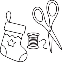 Hand-drawn doodle vector of a Christmas stocking, scissors, and a spool of sewing thread, created in simple black and white line art for holiday crafts, DIY projects, and festive creative themes.