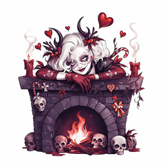 Gothic girl decorates a cozy fireplace with skulls and candy canes for a warm holiday celebration