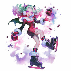 Whimsical gothic girl gracefully ice-skating in a snowy wonderland with a glowing cursed present