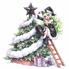 Mint green gothic girl decorating a cozy Christmas tree with a fluffy santa cape and a touch of winter magic