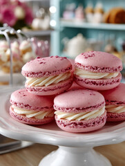 Pink macarons stacked on a white plate in a cozy bakery.