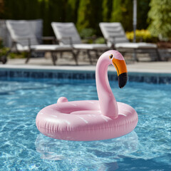 Pink flamingo float in a sunny swimming pool at a resort.
