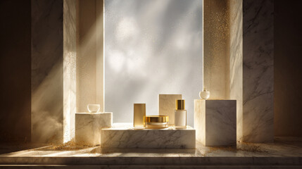 Luxury cosmetic skincare bottles on marble