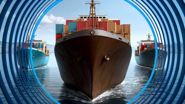 Three large cargo ships are in the water, with the middle one being the largest