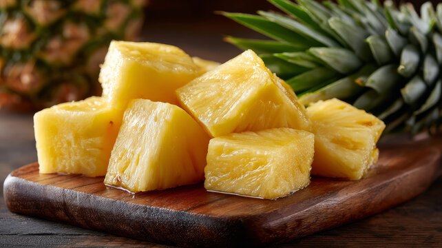 Freshly sliced pineapple on a wooden board, juicy and ripe.