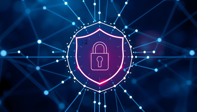 Abstract concepts of cybersecurity technology and digital data protection. Protect internet network connection with polygons, dots and lines in the center blur slow motion with dark blue background.